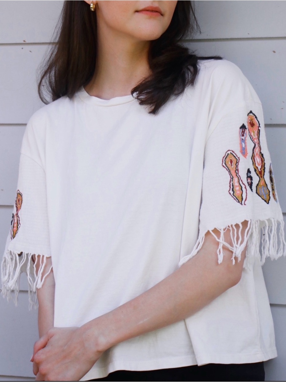 Zara White Short Sleeve Tee with Embroidered Fringe Sleeves